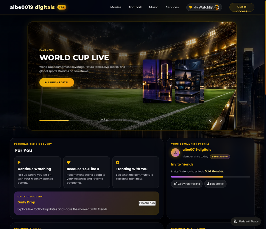 Real website preview of AlbeHub, showing its live football and entertainment experience