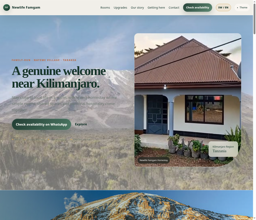 Real website preview showing Newlife Famgam Homestay and its Kilimanjaro setting